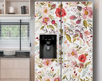 Kühlschrank Wrap Floral, Kühlschrank Wrap Vinyl oben unten Seite an Seite französische Türen, dekorative Kühlschrank Aufkleber selbstklebend, Küche Dekor