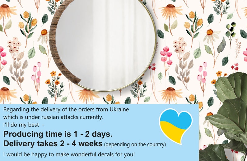May include: A blue background with a yellow and blue heart, representing the Ukrainian flag. The text reads: "Regarding the delivery of the orders from Ukraine which is under russian attacks currently. I'll do my best - Producing time is 1 - 2 days. Delivery takes 2 - 4 weeks (depending on the country) I would be happy to make wonderful decals for you!"