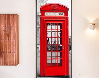 London Phone Booth Door Wrap, Red Phone Booth Door Mural, Door Vinyl Decal, Door Skin, English Phone Booth Door Wallpaper Removable Decor