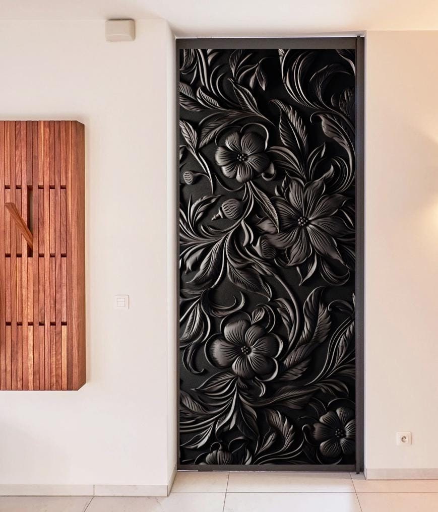 Black Door Wrap Vinyl, Floral Wood Carving Door Mural Peel & Stick Decals Removable Skin, Self Adhesive Vinyl Wrap for Door Wallpaper Decor