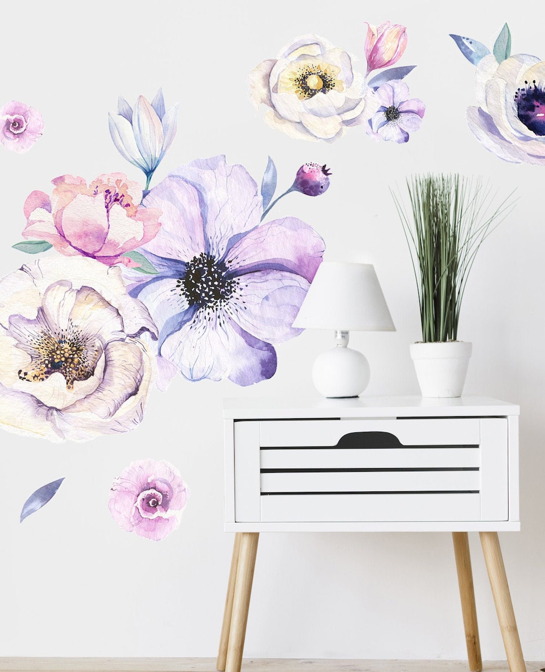Purple Floral Wall Decals, Peony Flower Wall Decals Nursery, Watercolor ...