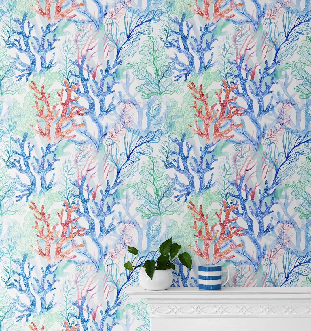 Coral Wallpaper Peel & Stick, Blue Bathroom Wallpaper Waterproof
