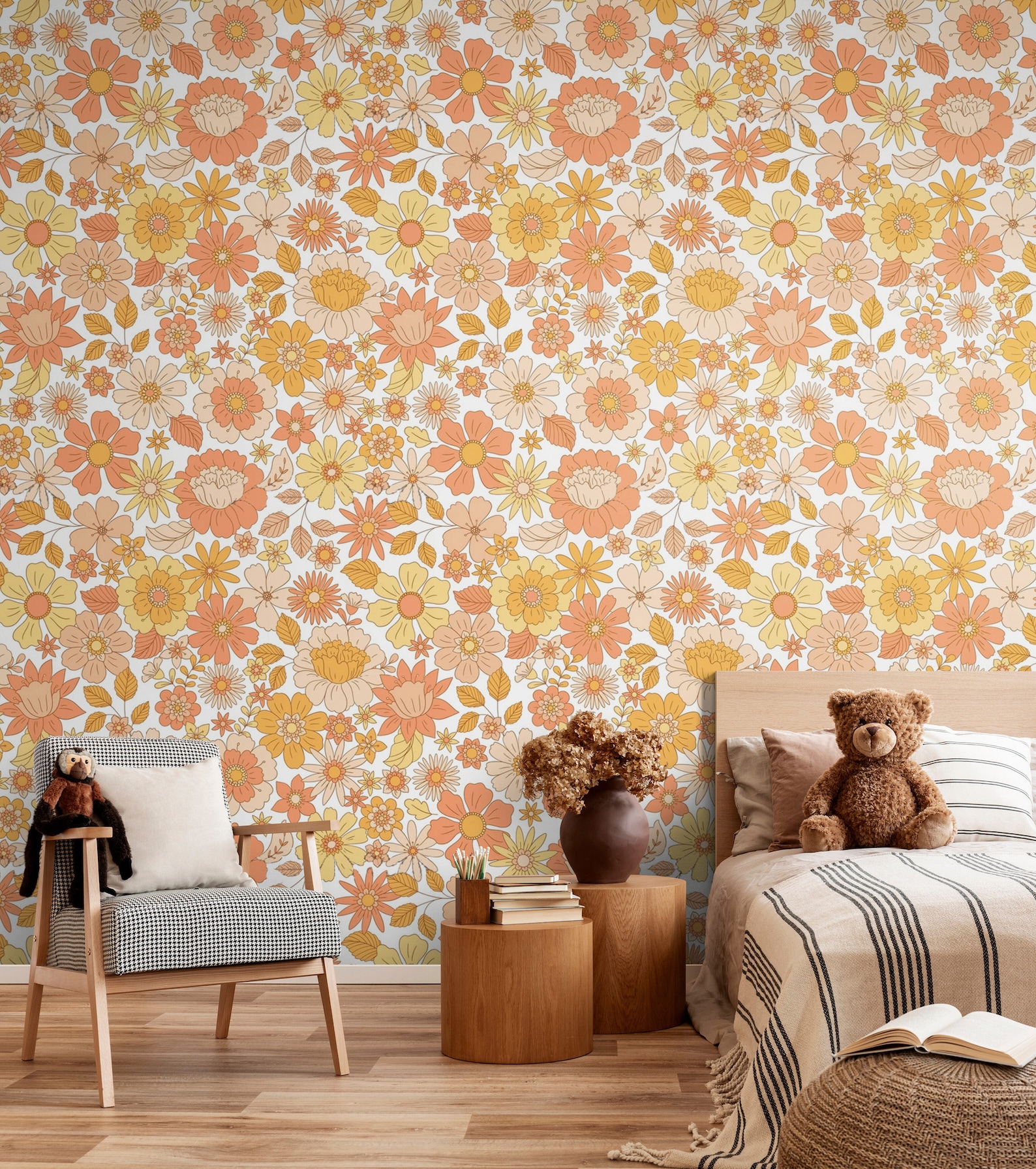 Boho Flowers Wallpaper Peel & Stick, Retro Floral Wallpaper for Girls