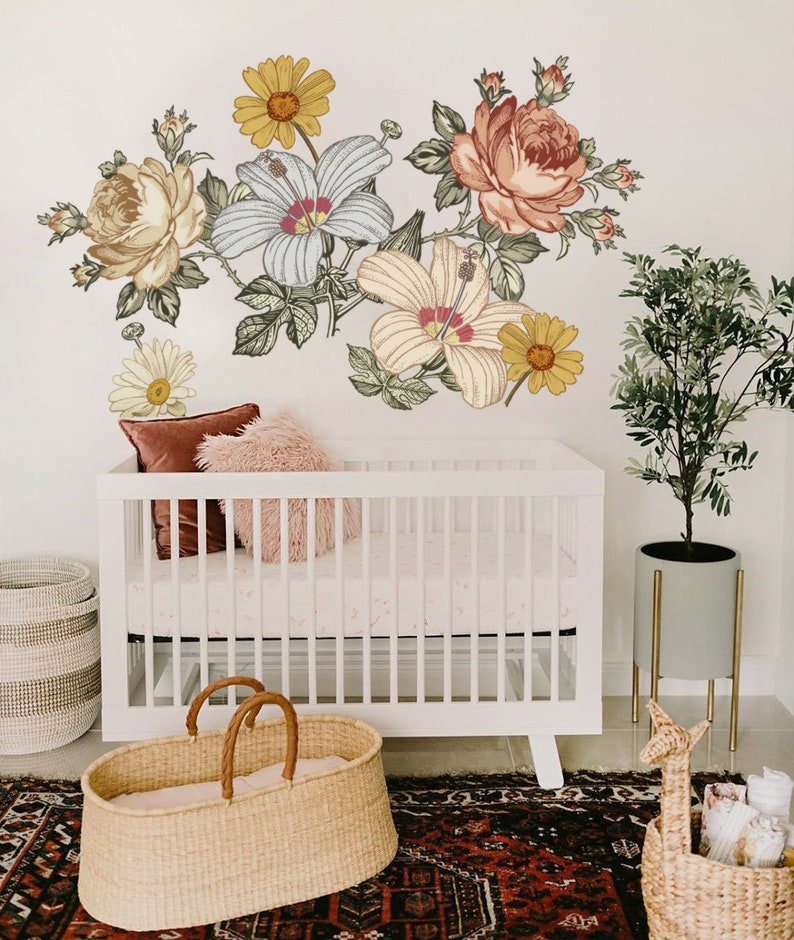 Boho Floral Wall Decals Nursery, Flower Wall Decals Vintage Retro, Boho ...