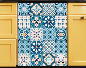 Funda magnética para lavavajillas, funda decorativa para lavavajillas, vinilo adhesivo para lavavajillas con azulejos azules, cubiertas frontales con imán para puertas, panel frontal