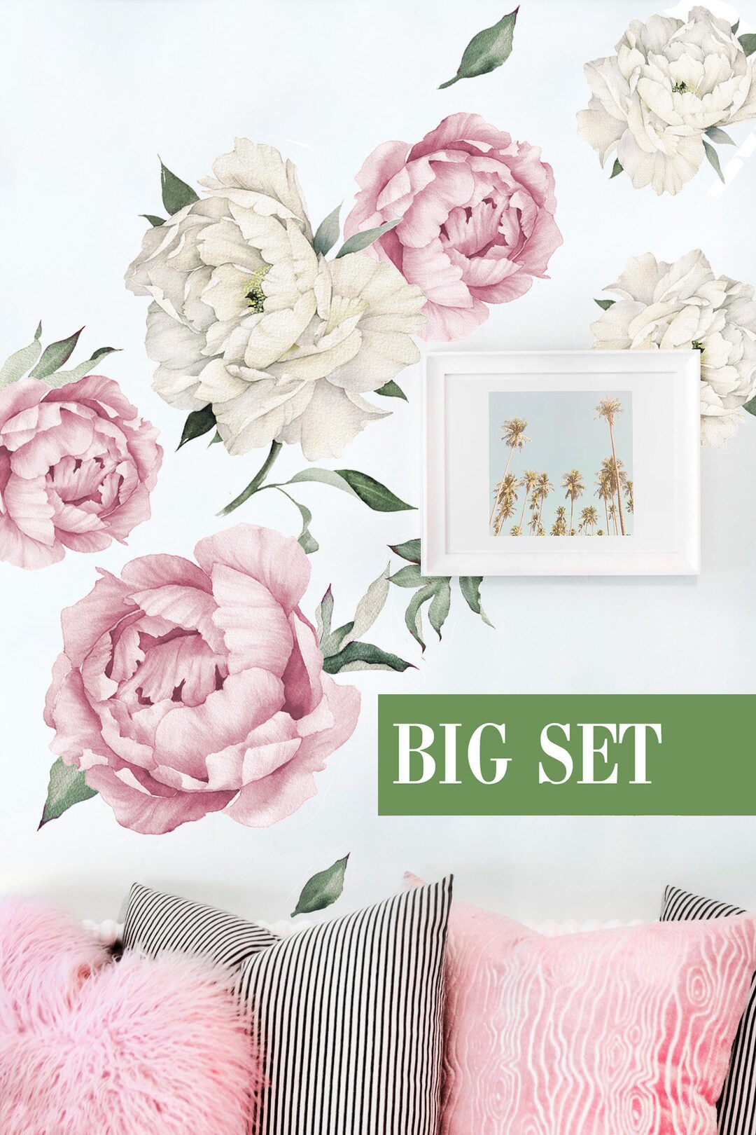 Pink Peony Wall Decal Large Set, Peony Wall Stickers, Large Peonies