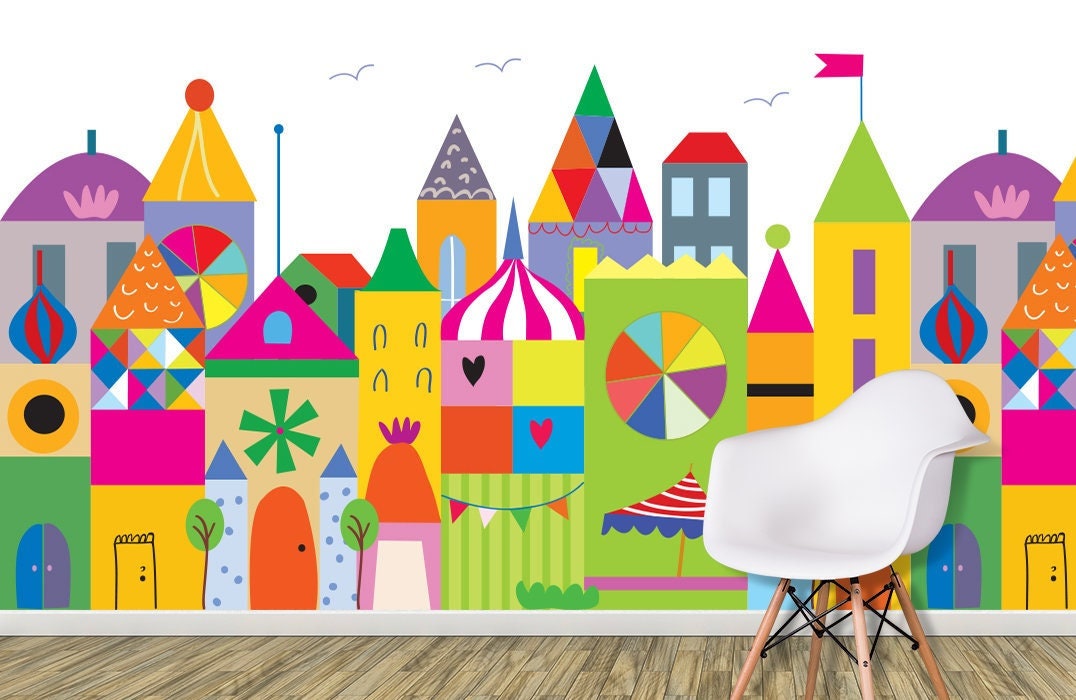 Playroom Wallpaper Cartoon City Wallpaper for Kids Room Etsy