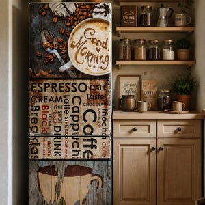 Cappuccino Fridge Wrap, Coffee Refrigerator Wrap, Brown Decal for Kitchen Appliance Decor