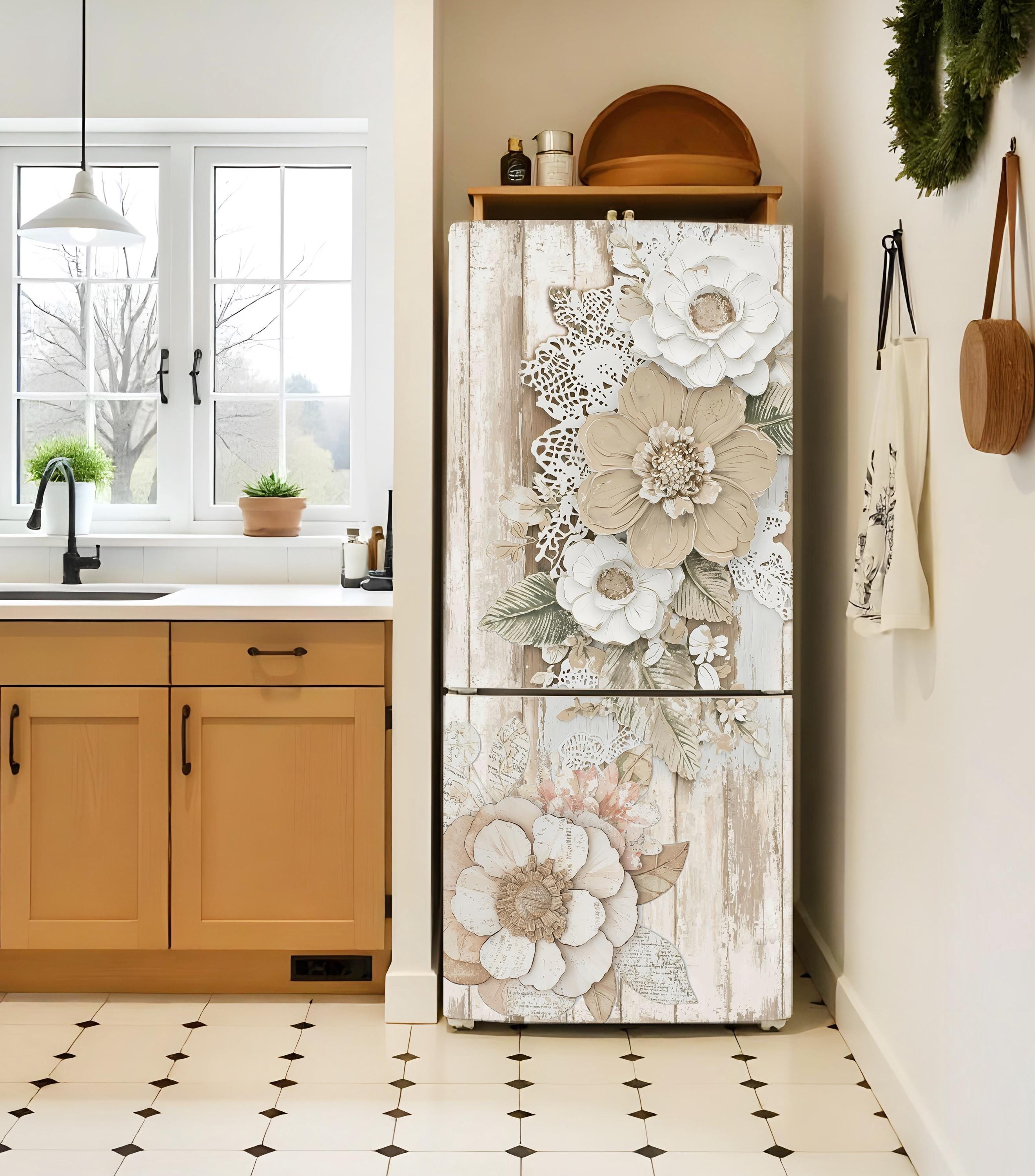 Fridge Wrap Floral Beige, Refrigerator Wrap Vinyl Side by Side Top ...