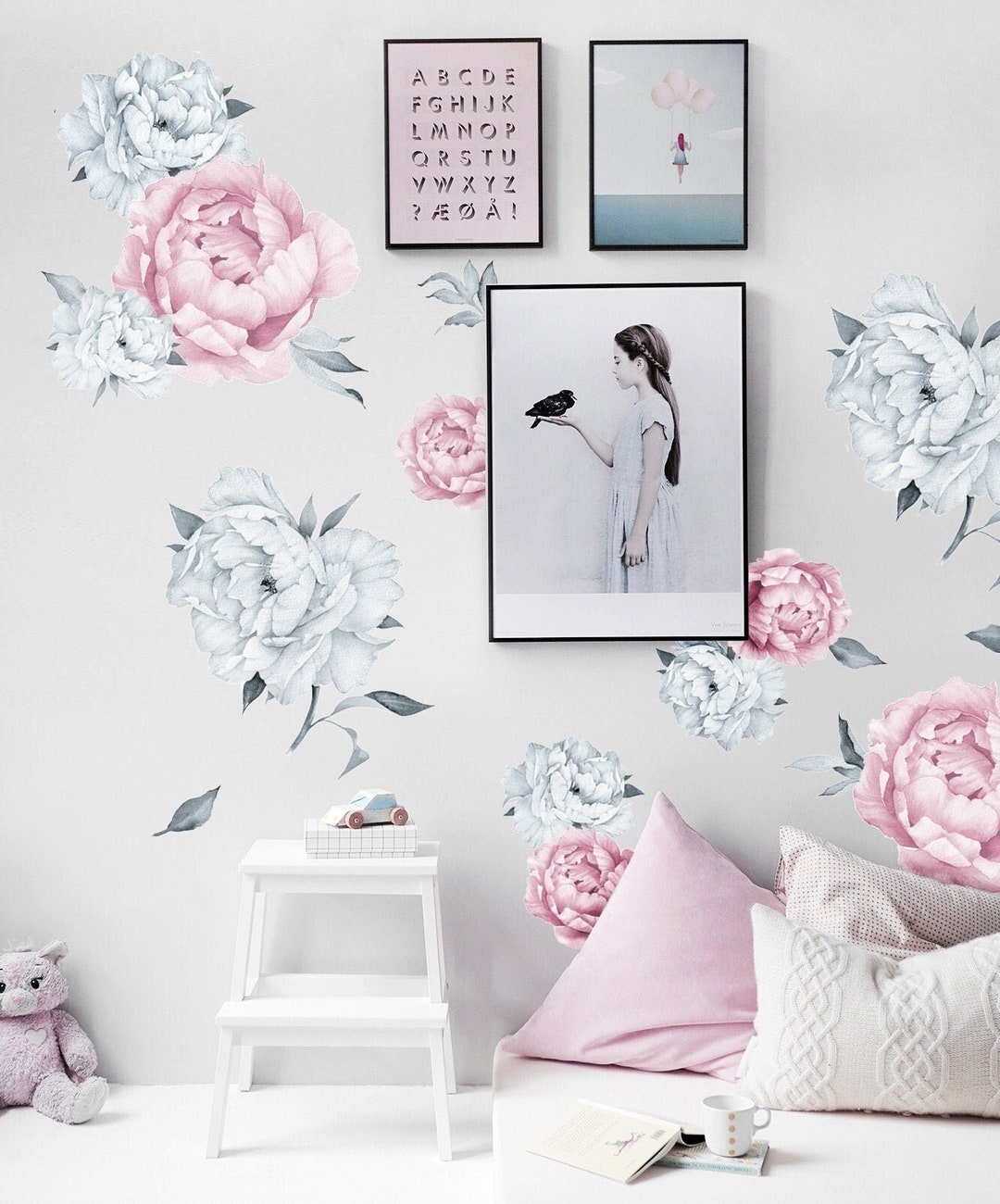 Peony Flower Wall Decal Nursery Girls, Pink Peony Wall Decals Peel and