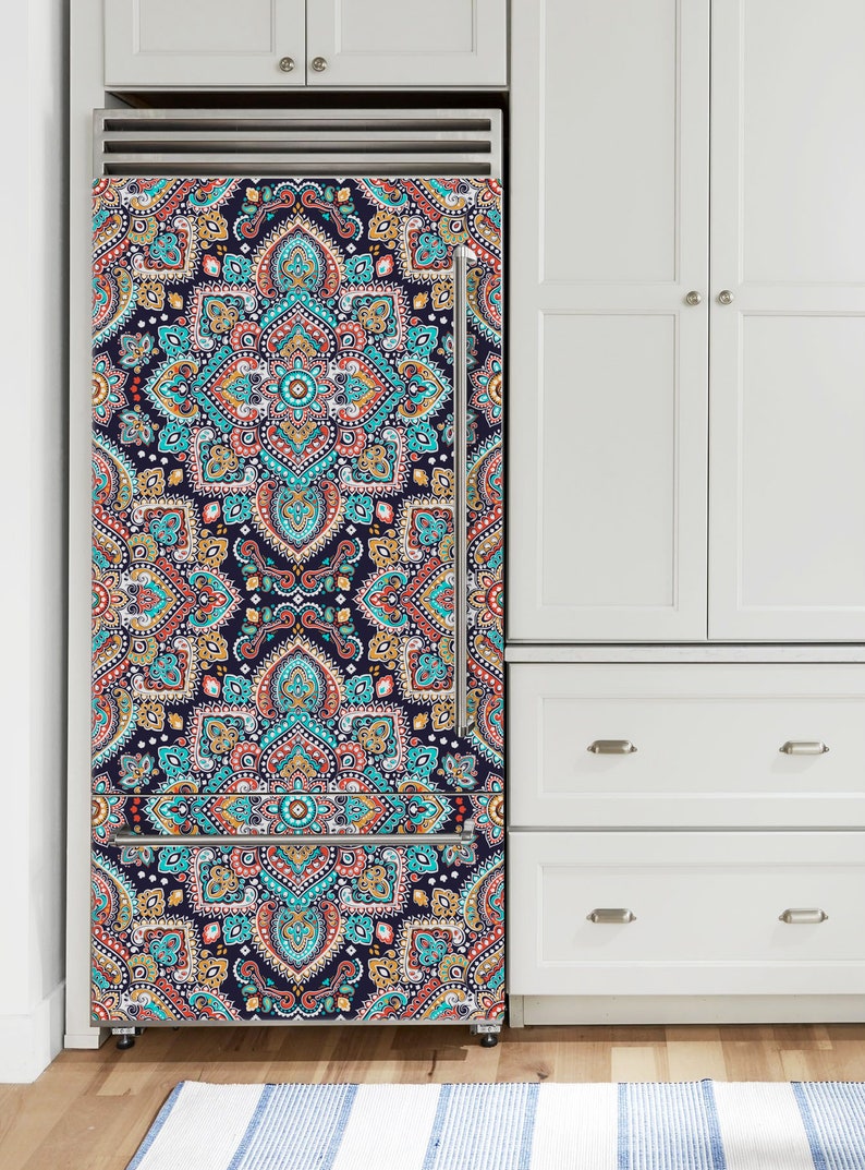 Patterned Refrigerator Blue Mandala Fridge Wrap, Refrigerator Wrap Vinyl Side by Side, Boho ...