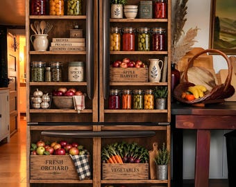 May include: A tall, wooden, double-door refrigerator with open shelving filled with glass jars of preserved fruits and vegetables, ceramic canisters labeled Flour, Sugar, Spices, and Tea, and wooden crates marked Apple Harvest, Fresh Orchard, and Vegetables.