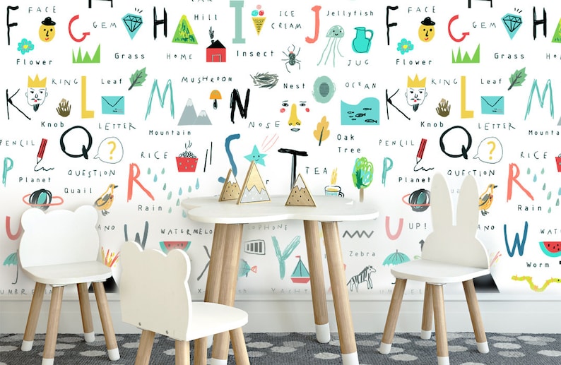 Alphabet Wallpaper for Kids Room, Kids Playroom Wallpaper, Wallpaper for Nursery, ABC Wall Mural, Self Adhesive Wallpaper, Colorful Wallpaper for kids