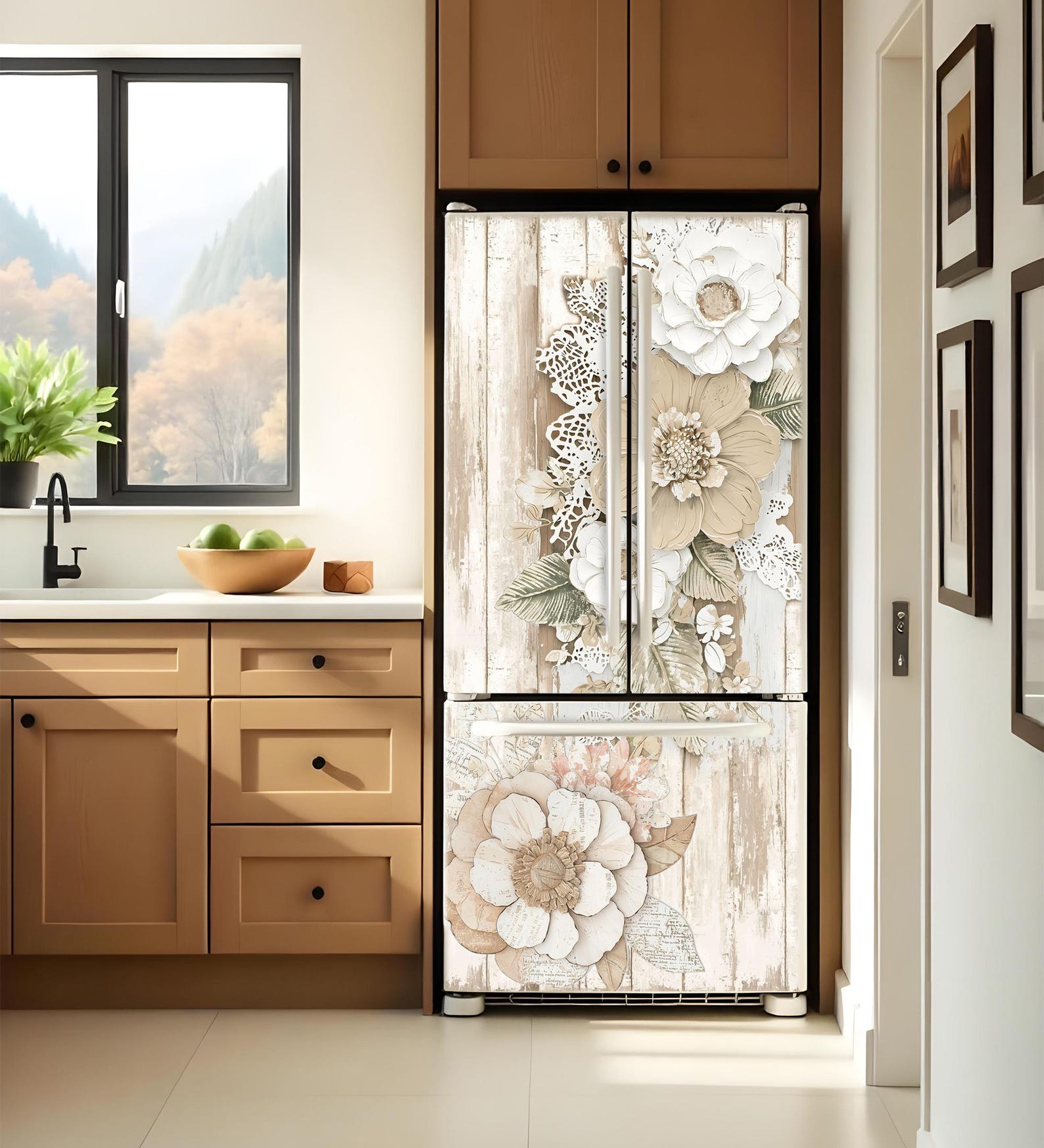 Fridge Wrap Floral Beige, Refrigerator Wrap Vinyl Side by Side Top ...