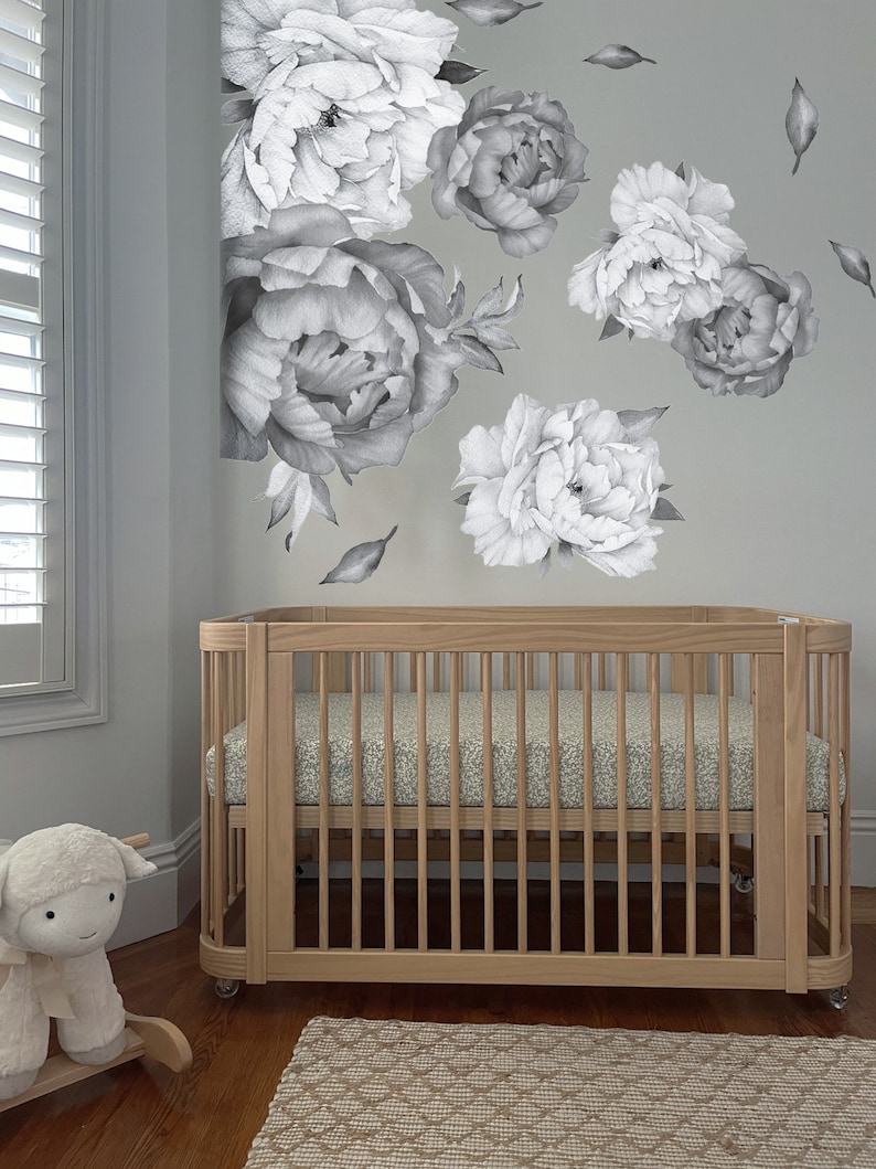 Large Peony Wall Decal Black and White Large Peonies Wall Etsy