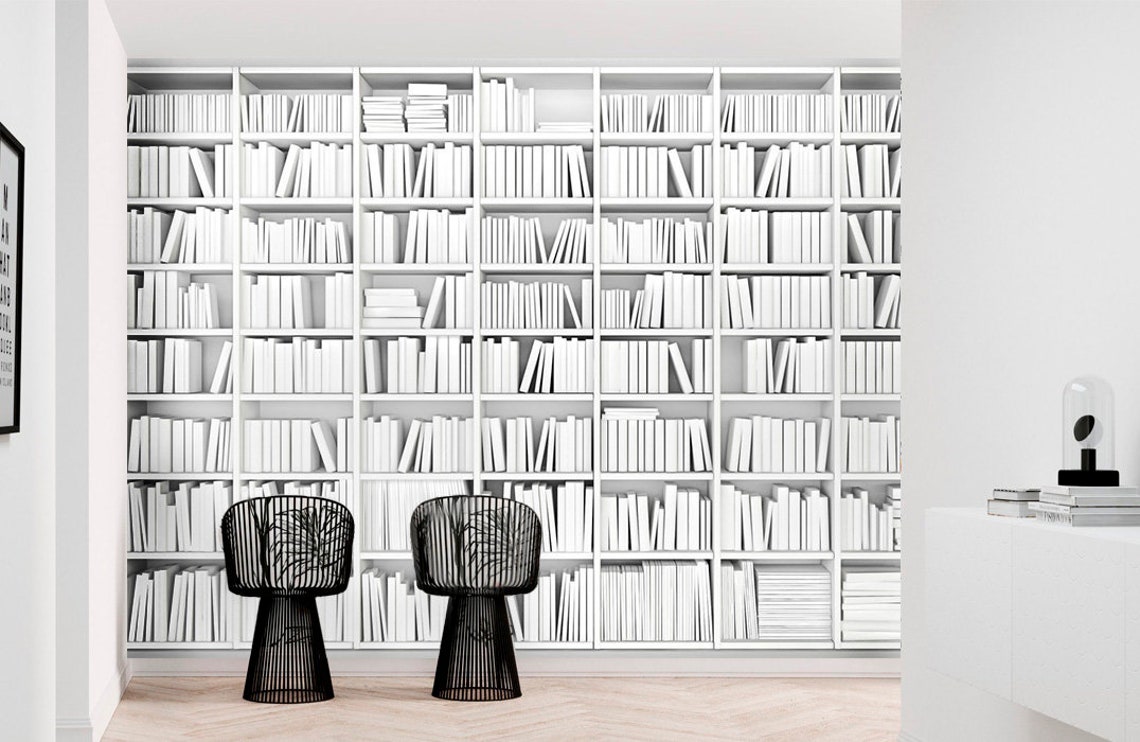 Black and White Bookcase Wallpaper Minimalist Peel and Stick Etsy