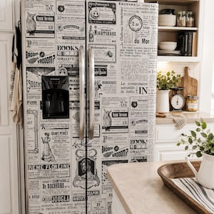 Old Newspaper Fridge Wrap, Black and White Refrigerator Wrap, Retro Top Bottom Freezer Vinyl Decal, Vintage Kitchen Decor