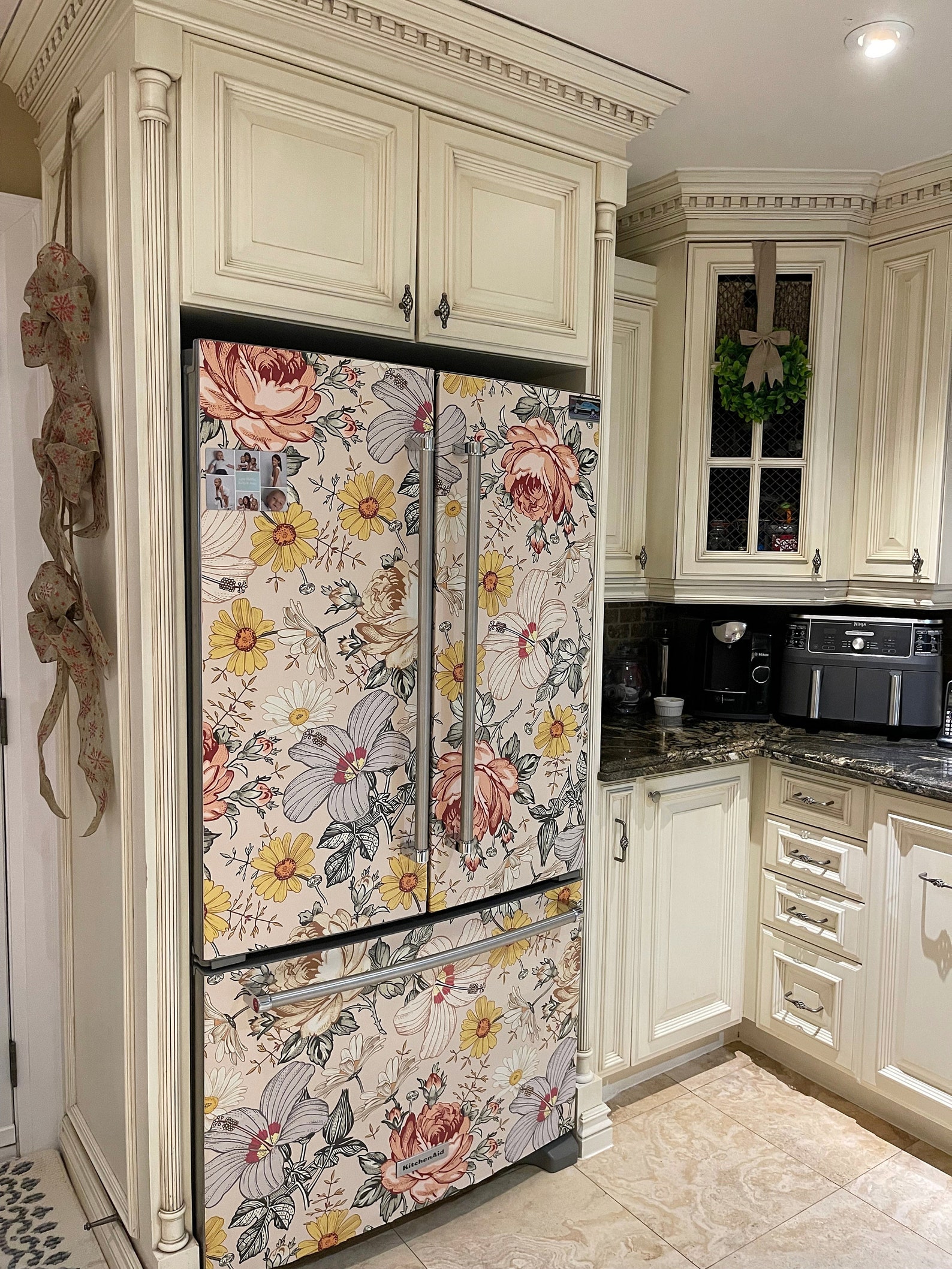 Boho Fridge Wrap Vintage Floral Refrigerator Wrap Vinyl Side by Side