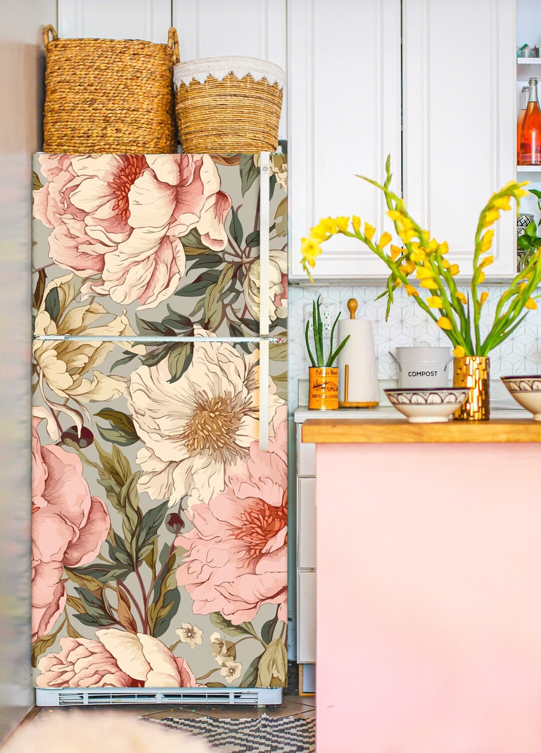 Floral Fridge Wrap Vintage Refrigerator Wrap Vinyl Side by Side Pink ...