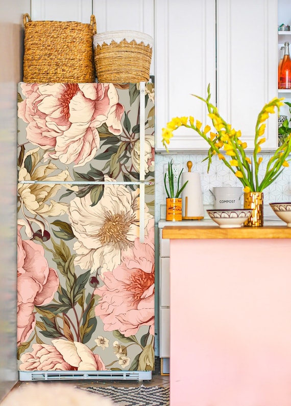 Retro Fridge Wrap Floral Boho Refrigerator Wrap Vinyl Side by Side Vintage  Flower Fridge Decals Decorative Self Adhesive Kitchen Decor 