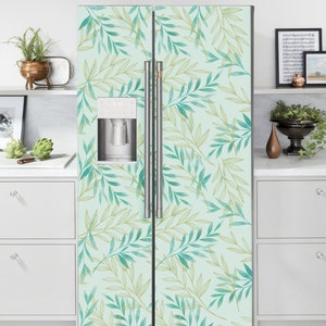 Refrigerator Wrap Side by Side Mint Leaves, Fridge Wrap Vinyl Decals, Green Full Fridge Sticker Kitchen Decor Removable Refrigerator Cover