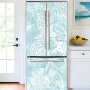Fridge Wrap Vinyl Coastal Pastel Blue Nautical Refrigerator Wrap Side by Side Fridge Decal Top Bottom Freezer Decorative Self Adhesive Decor