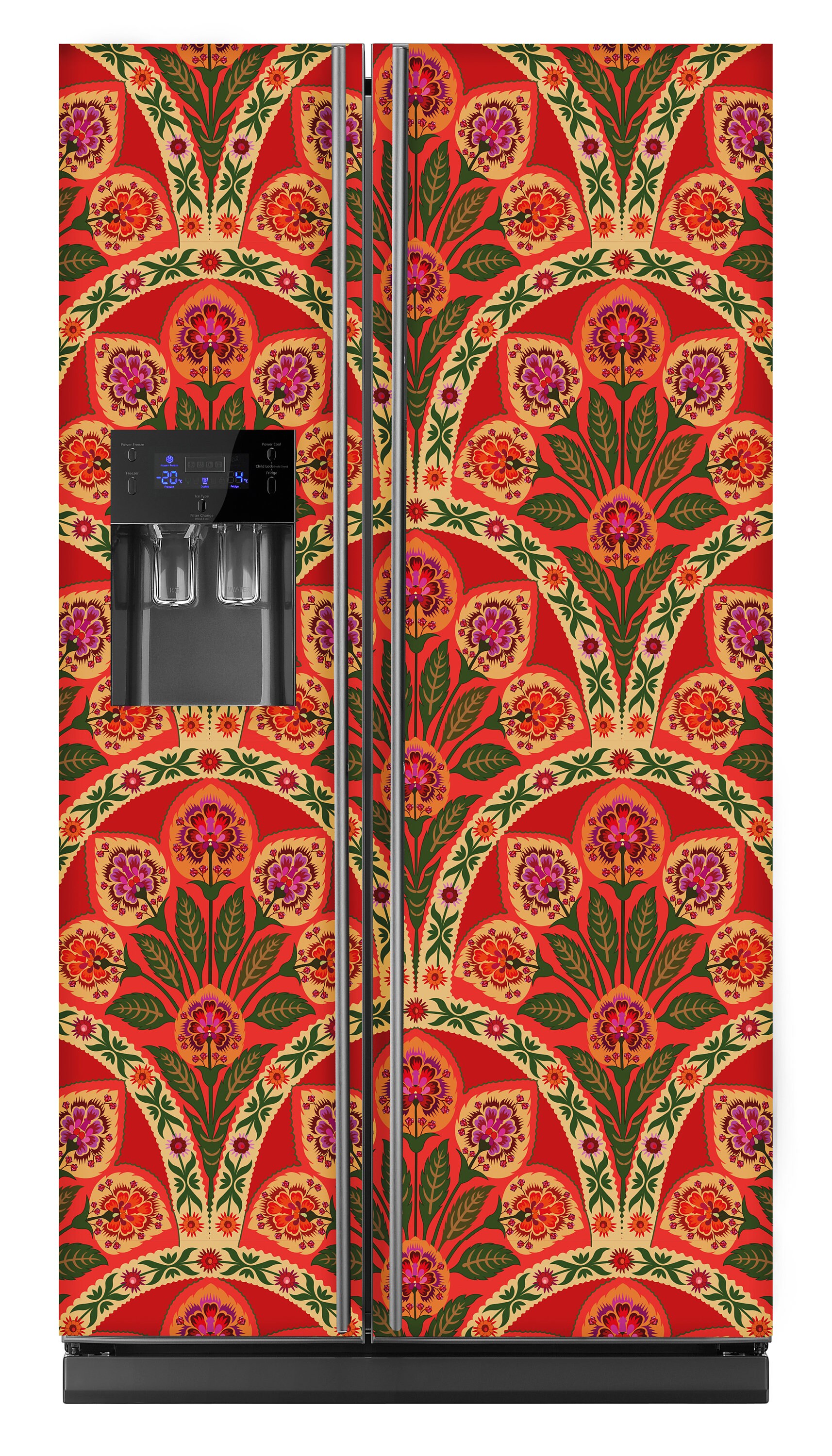 Art Deco Floral Fridge Wrap, Red Refrigerator Wrap Vinyl Side by Side ...