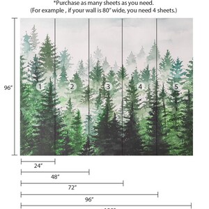 Pu&ograve; includere: Un dipinto ad acquerello di una scena di foresta nebbiosa con alberi verdi. L'immagine &egrave; divisa in cinque sezioni, ciascuna larga 61 cm e alta 244 cm. Il testo "*Acquista quanti fogli ti servono. (Ad esempio, se il tuo muro &egrave; largo 203 cm, hai bisogno di 4 fogli.)" &egrave; in cima all'immagine.