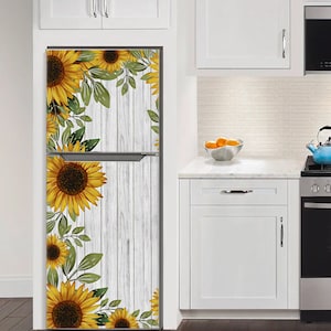 Fridge Wrap Sunflower White Wood, Farmhouse Refrigerator Wrap Vinyl Side by Side Rustic Decorative Decals Self Adhesive Floral Kitchen Decor