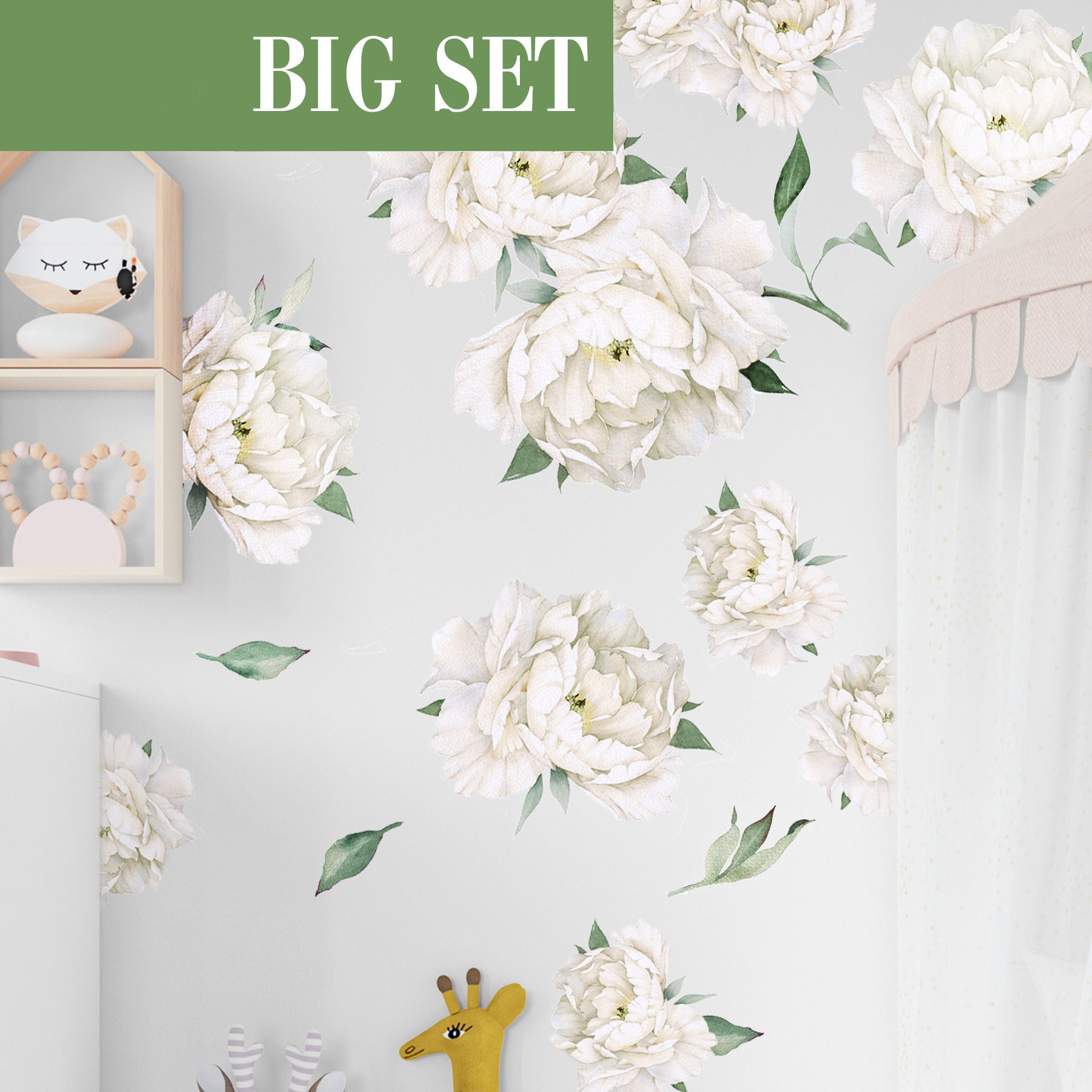 White Large Peonies Wall Decals Peony Flowers Wall Decal Set Etsy