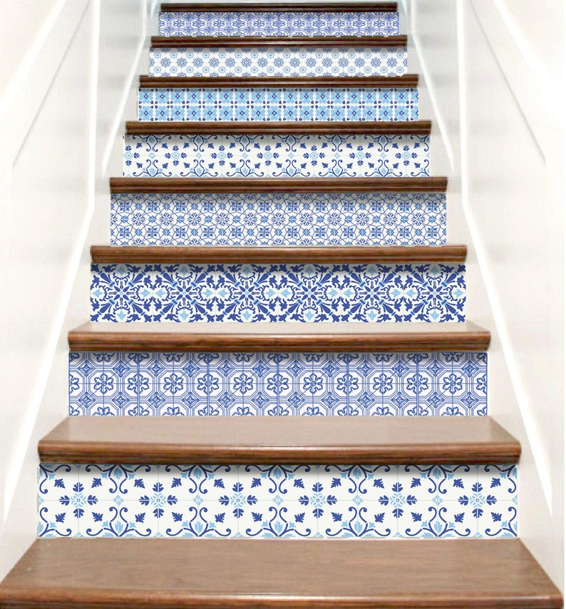 Stair Riser Decals Blue, Staircase decor, Stair Vinyl Decal Spanish Tiles, Staircase Decals, Stair Stickers, Stairway Decals Peel and Stick