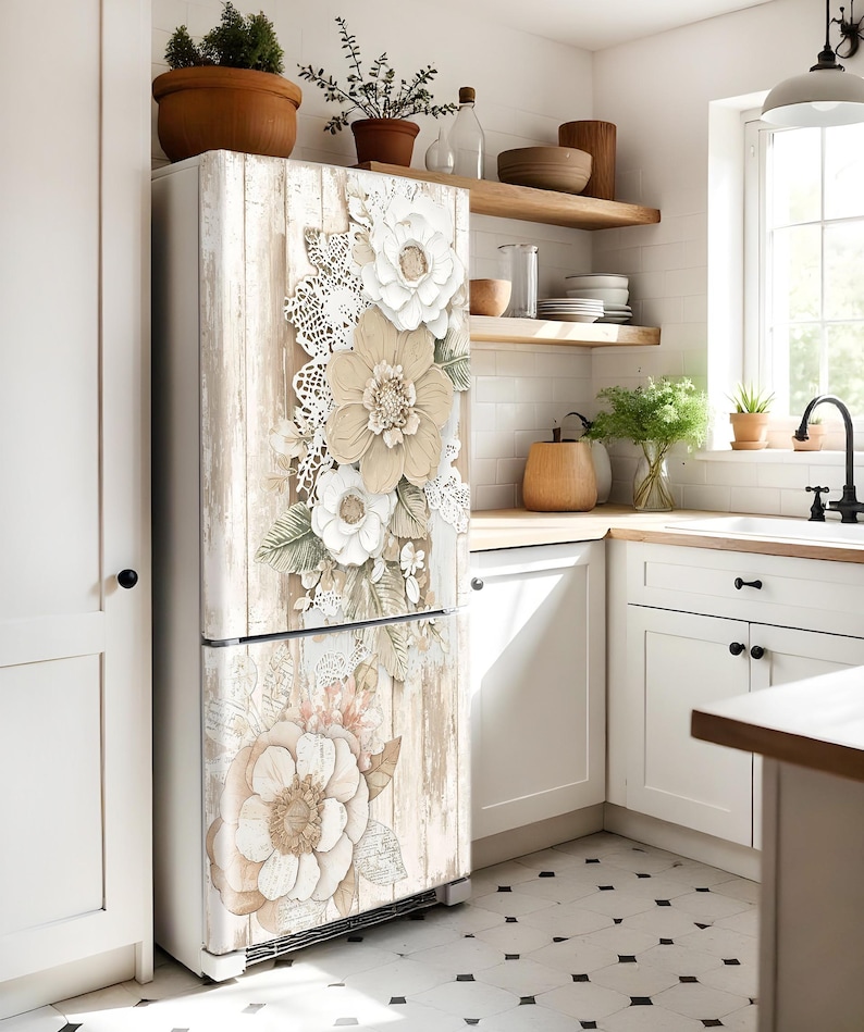 Fridge Wrap Floral Beige, Refrigerator Wrap Vinyl Side by Side Top ...