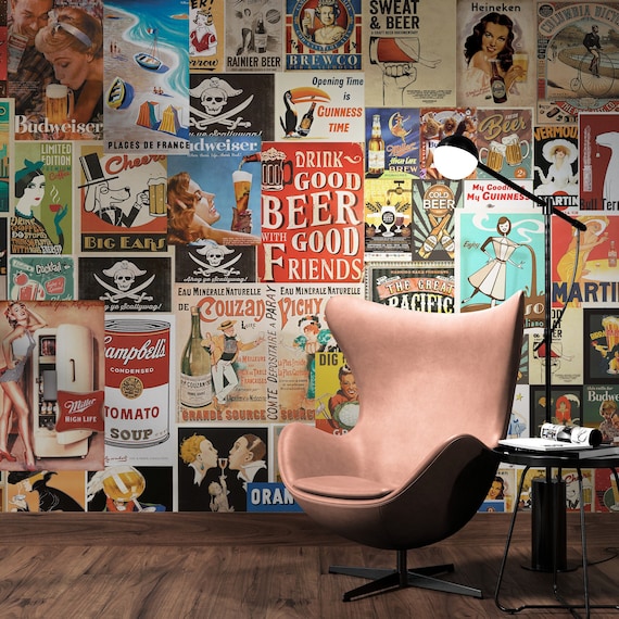 Vintage Wallpaper Vinyl Peel & Stick, Retro Posters Wallpaper for Kitchen, Bathroom, Hallway Removable Self Adhesive Retro Style Wall Mural