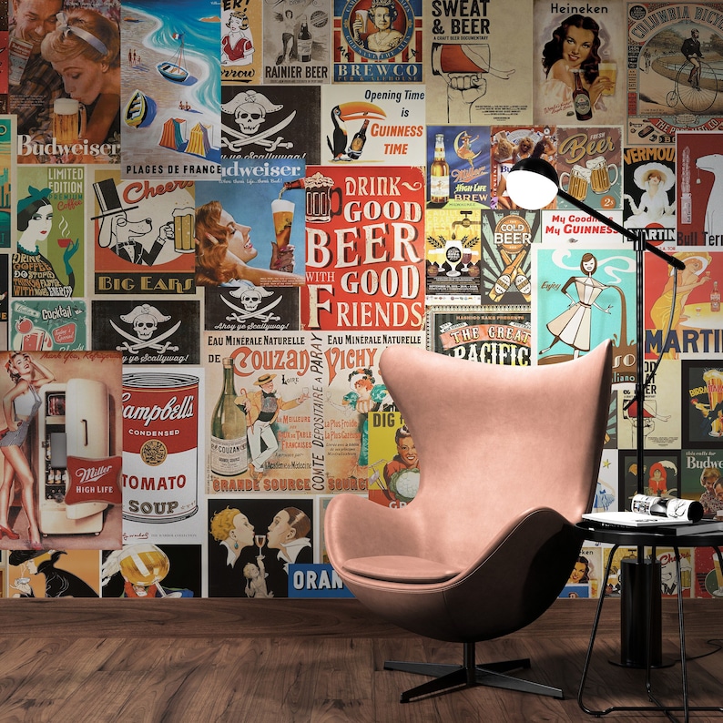 vintage posters wallpaper, retro vinyl wallpaper peel and stick, retro wall mural, vintage wallpaper for kitchen