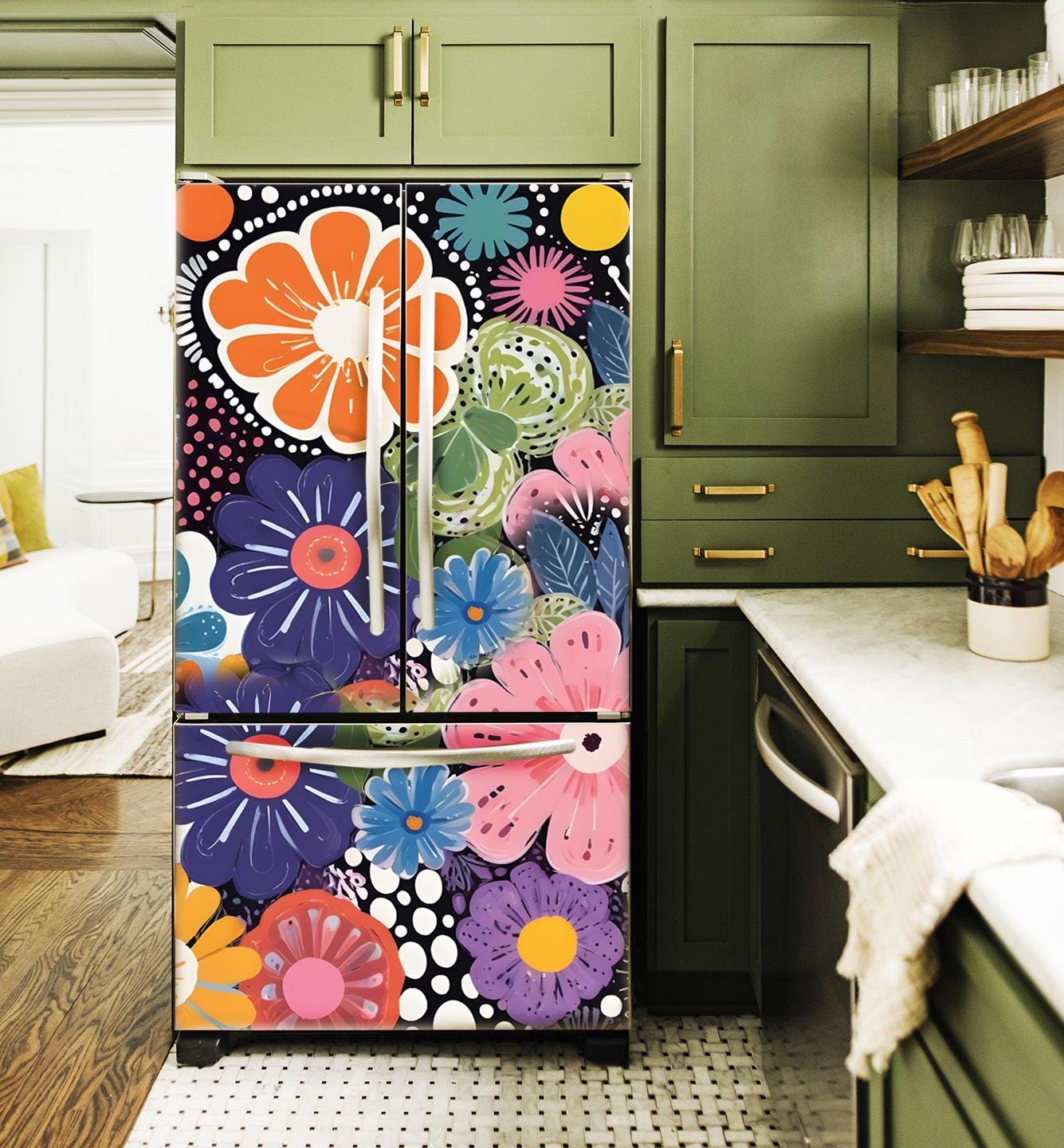 Floral Fridge Wrap Vinyl, Refrigerator Wrap Side by Side Colorful ...