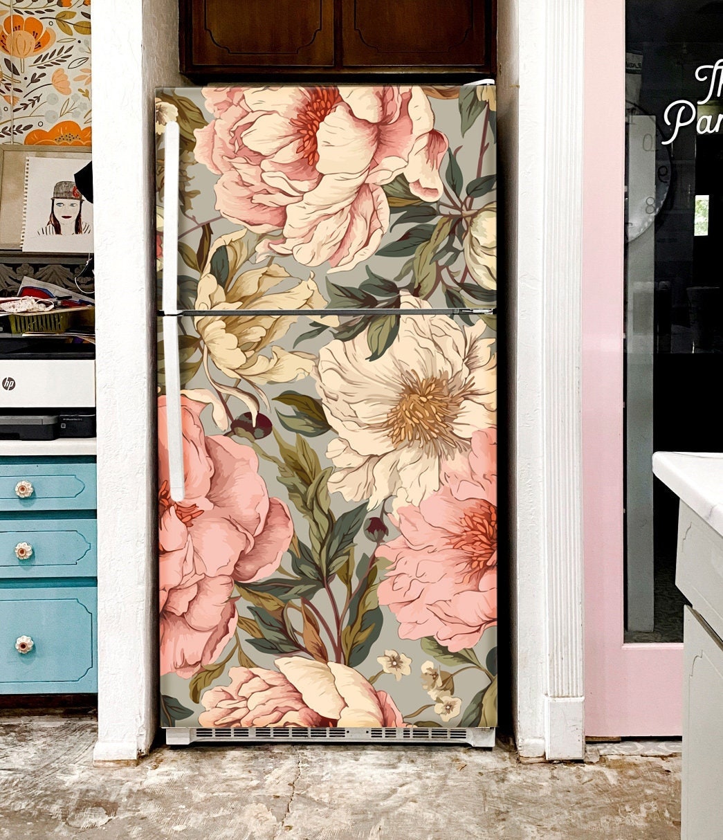 Fridge Wrap Floral Vintage, Refrigerator Wrap Vinyl Side by Side, Pink ...