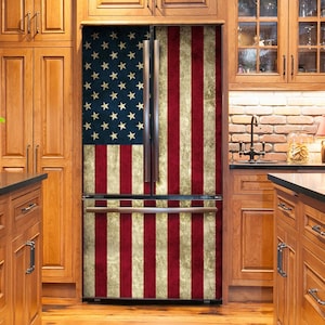 Retro US Flag Fridge Wrap Refrigerator Wrap Side by Side American Flag Vintage Vinyl Rustic Decorative Fridge Decals Self Adhesive Decor
