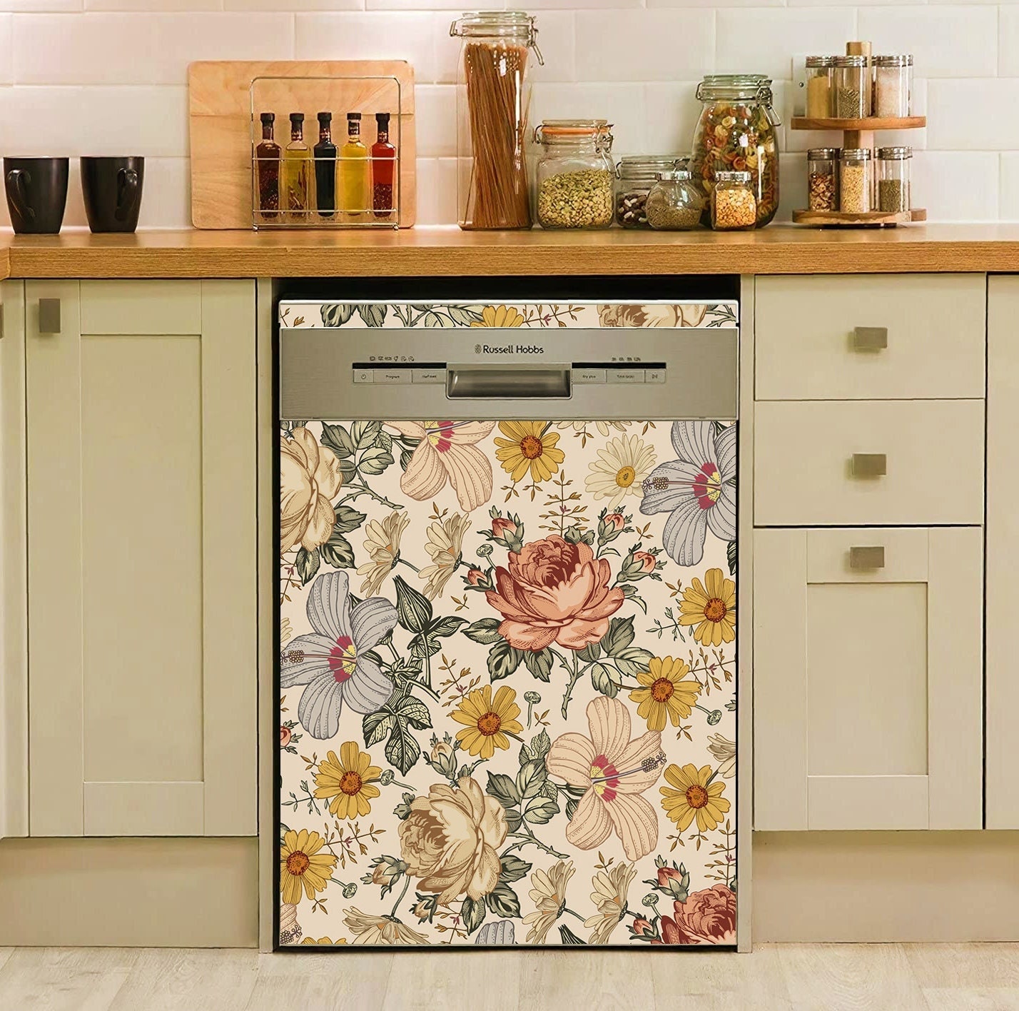 Discover Dishwasher Cover Vintage Floral, Retro Flowers Kitchen Dishwasher Cover