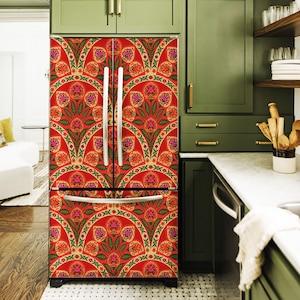 Art Floral Fridge Wrap Retro Refrigerator Wrap Vinyl Side by Side Red Fridge Decals Top Bottom Decorative Self Adhesive Flower Kitchen Decor