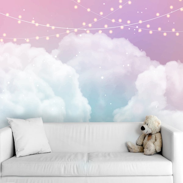 Girl Nursery Wallpaper Pink Cloud, Sky Wallpaper for Girls Peel & Stick, Baby Girl Wallpaper for Bedroom, Removable Self Adhesive Wall Mural