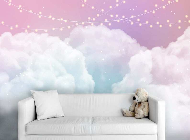 Girl Nursery Wallpaper Pink Cloud Sky Wallpaper for Girls Etsy