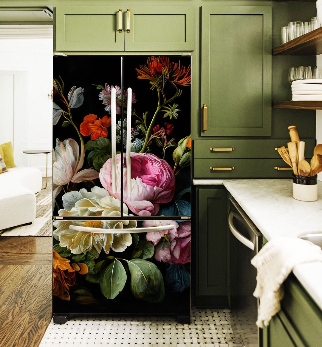 Film Adhésif Décoratif Pour Frigo/Congélateur - Motif Floral Et Lignes Vertes - Amovible