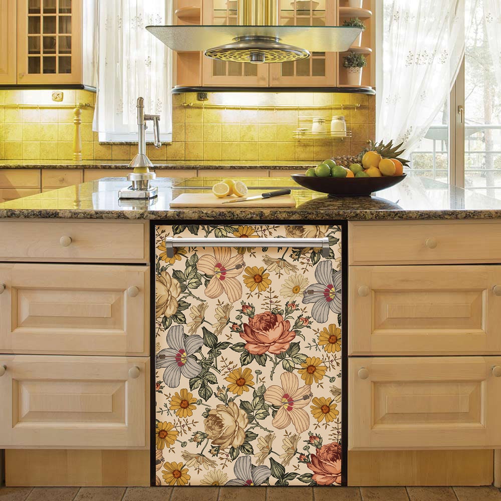 Dishwasher Magnet Cover Vintage Floral, Retro Flowers Kitchen Dishwasher Cover Magnetic Decal Vinyl