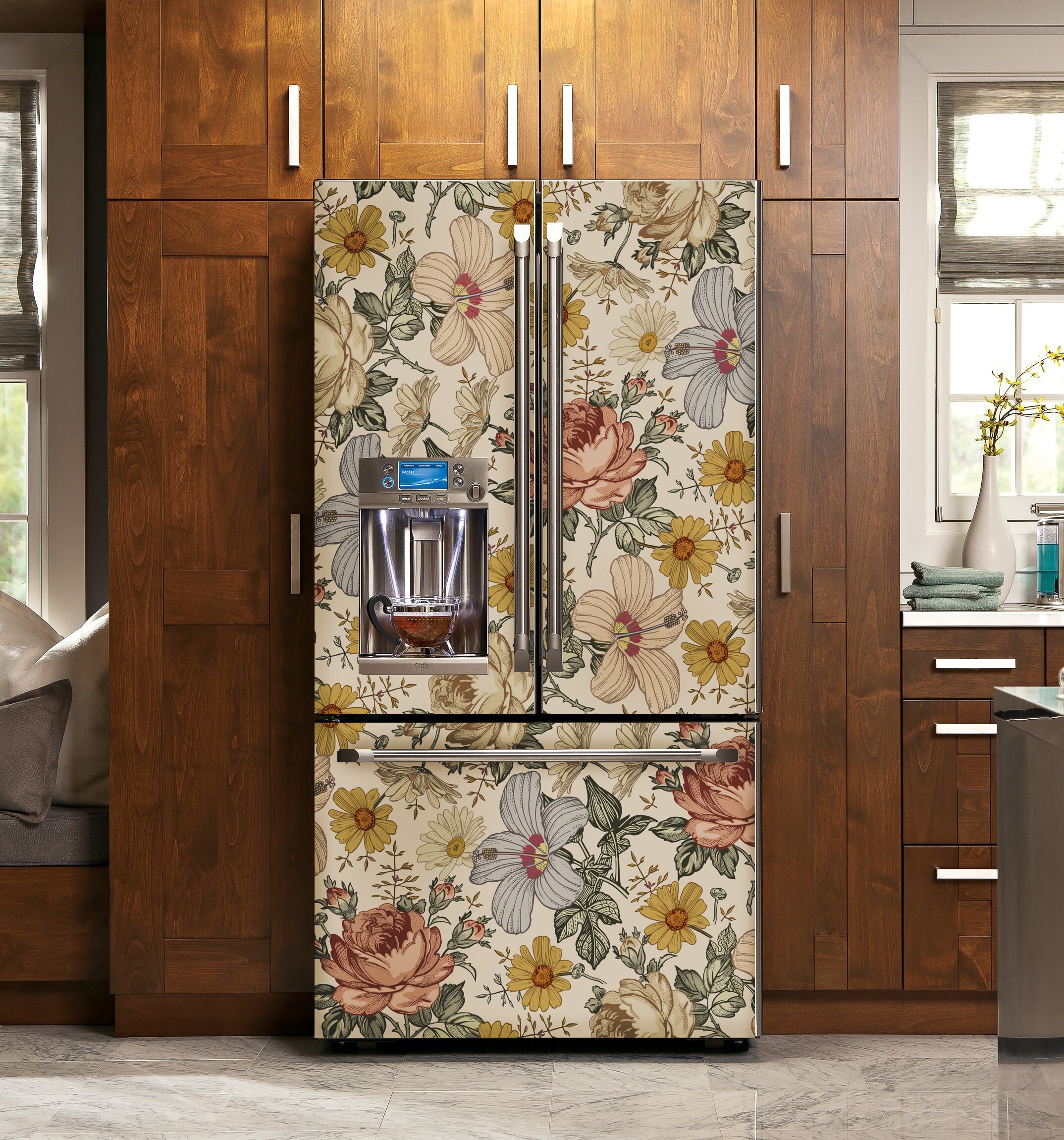 Dishwasher Magnet Cover Vintage Floral, Retro Flowers Kitchen Dishwasher Cover Magnetic Decal Vinyl