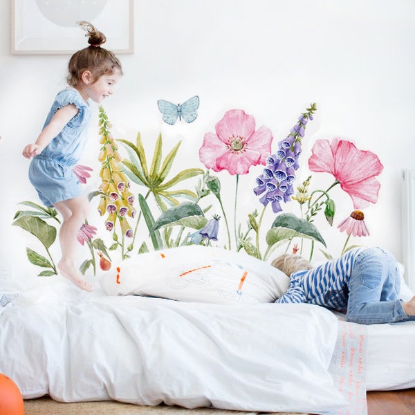 Stickers muraux fleurs sauvages pour chambre de bébé, Stickers muraux fleurs pour chambre à coucher, Stickers muraux grandes fleurs aquarelles, Stickers muraux botaniques