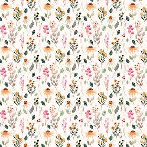 May include: A seamless pattern featuring a variety of watercolor flowers in shades of pink, yellow, and green on a white background. The pattern includes small flowers, large flowers, leaves, and stems.