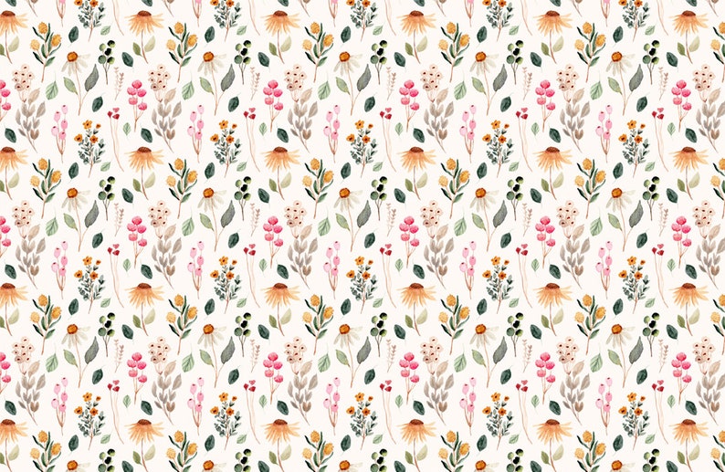 May include: A seamless pattern featuring a variety of watercolor flowers in shades of pink, yellow, and green on a white background. The pattern includes small flowers, large flowers, leaves, and stems.