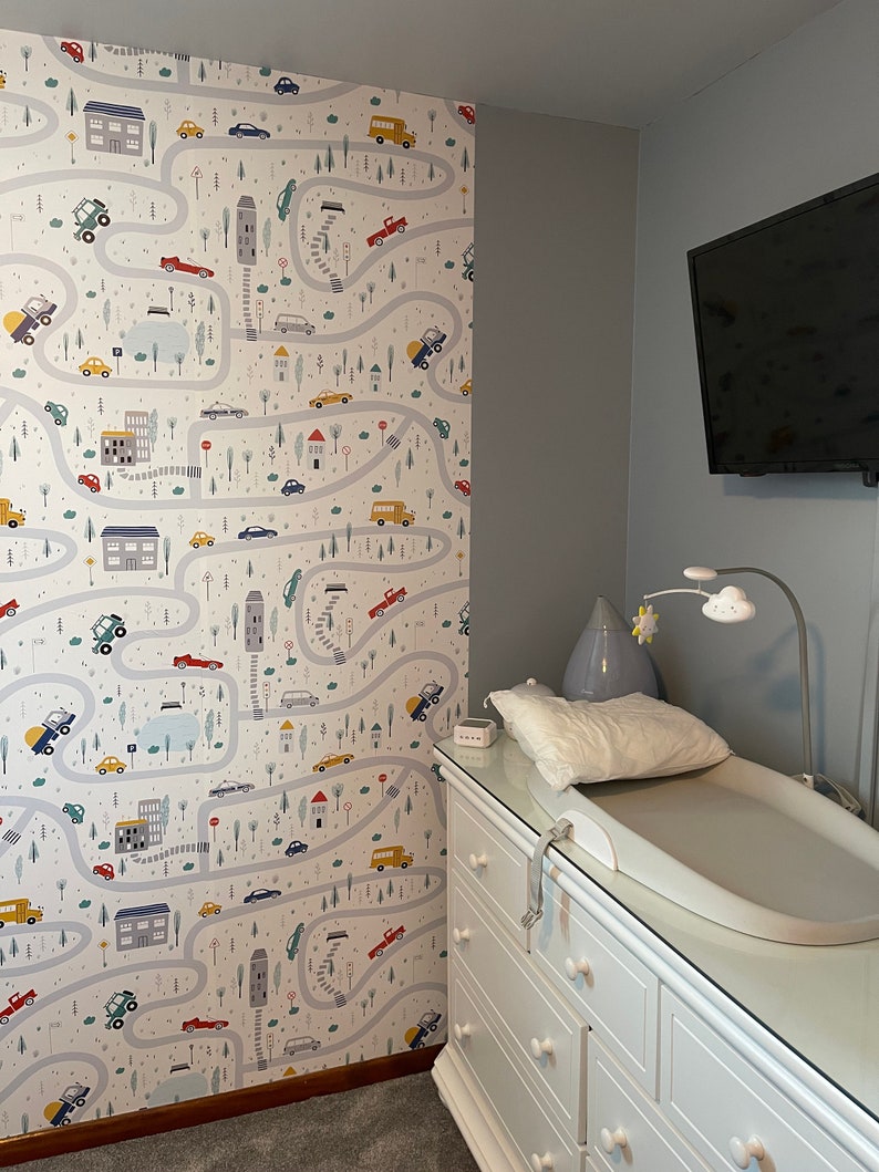 Carta da parati per bambini, carta da parati per auto per la stanza dei ragazzi, carta da parati per ragazzi per la camera da letto Peel & Stick, carta da parati per bambini asilo nido, carta da parati adesiva murale per bambini immagine 4