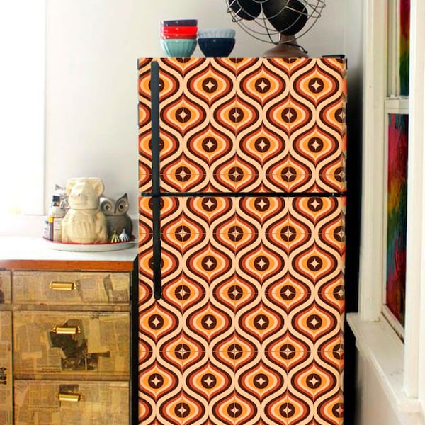 Retro Pattern Fridge Wrap Vintage Refrigerator Wrap Vinyl Side by Side Geometric Decorative Top Bottom Decals Self Adhesive Kitchen Decor