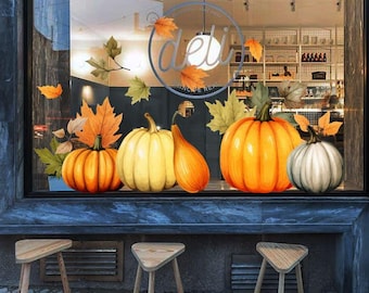 カボチャのウィンドウデカール、ハロウィン秋の店頭ステッカー、秋の小売店のウィンドウディスプレイ装飾